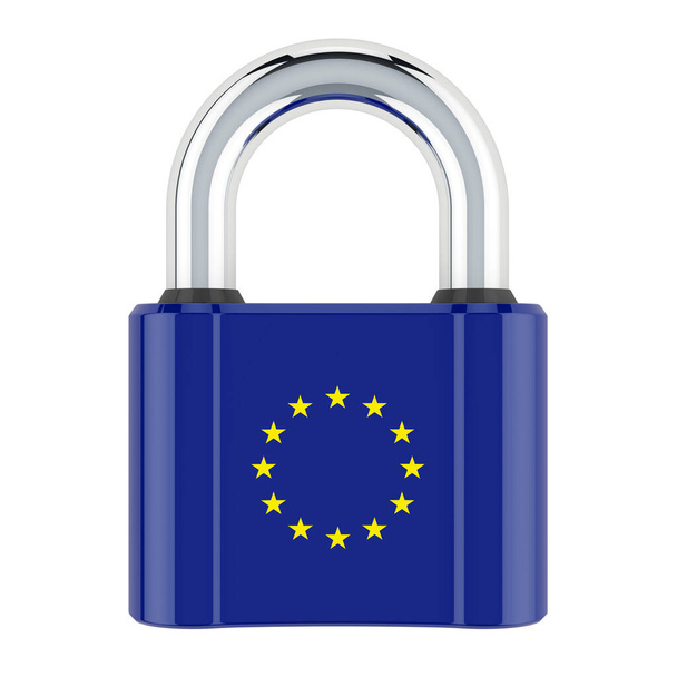 Hangslot met de vlag van de Europese Unie, 3D weergave geïsoleerd op witte achtergrond - Foto, afbeelding
