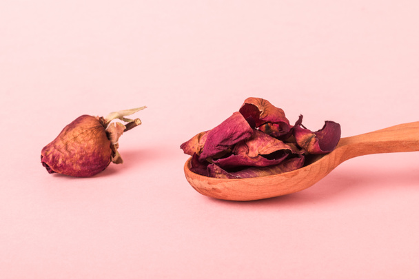 A spoon with dried petals and a bud of wilted rose on a pink background. The herbarium of roses. - Fotografie, Obrázek