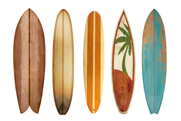 Collection vintage wooden surfboard isolated on white with clipping path for object, retro styles. - Photo, Image