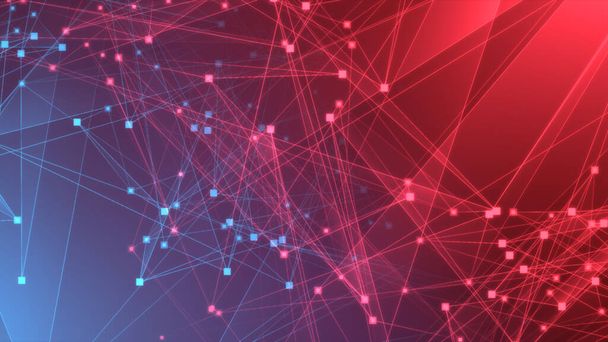 Red de tecnología de polígono azul rojo abstracto con fondo de tecnología de conexión. Puntos abstractos y líneas textura fondo. renderizado 3d. - Foto, imagen