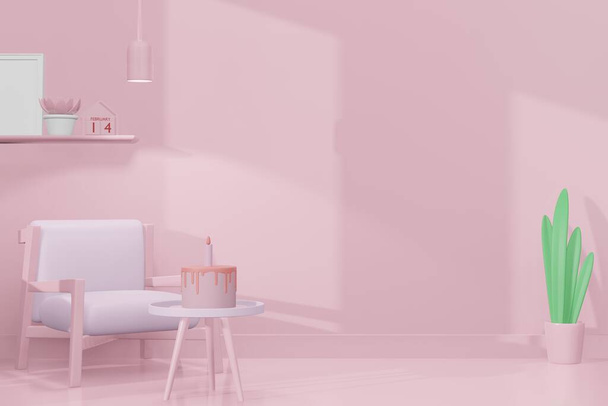 Preciosa sala de día de San Valentín feliz con alguna plantilla de muebles en el modelo 3d maqueta de color rosa suave - Foto, Imagen