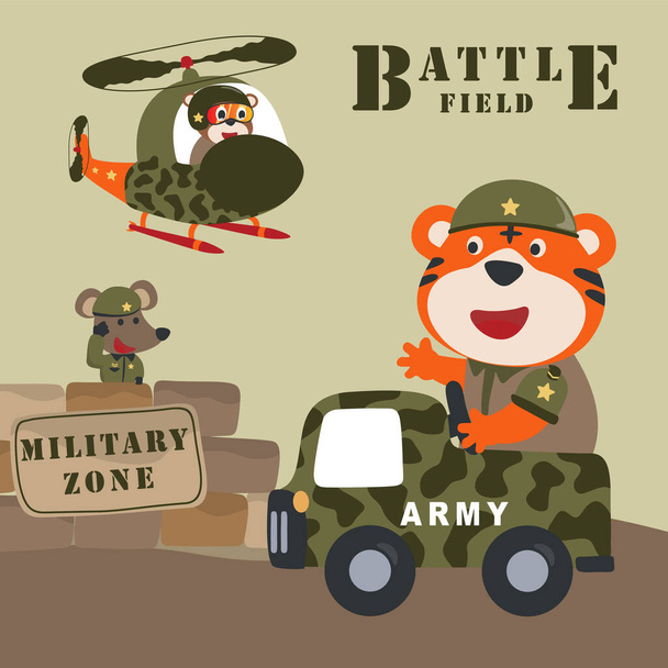 Vector cartoon illustration with animal soldier driving military vehicle. Creative vector childish background for fabric, textile, nursery wallpaper, poster brochure, Vector illustration background. - Vector, Image