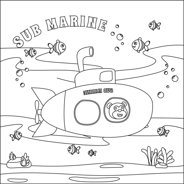 Sous-marin avec marin mignon sous la mer, avec style dessin animé Conception enfantine pour enfants activité livre ou page à colorier. - Vecteur, image