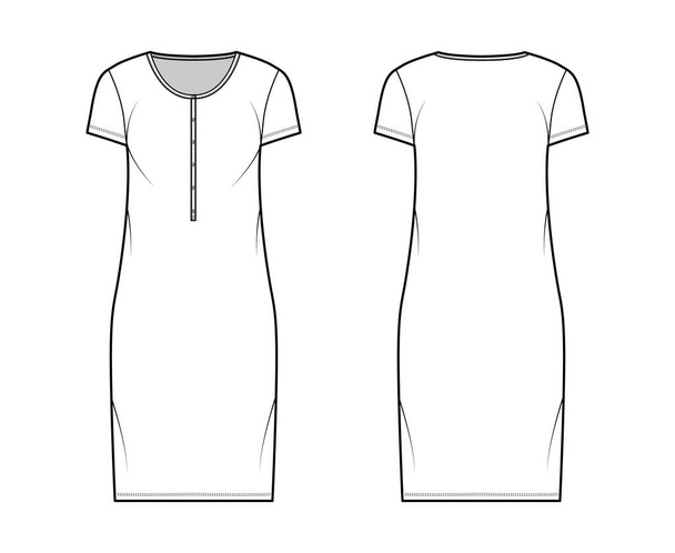 Πουκάμισο φόρεμα τεχνική εικόνα μόδας με λαιμό henley, κοντά μανίκια, γόνατο μήκος, υπερμεγέθης, Μολύβι πληρότητα Flat - Διάνυσμα, εικόνα