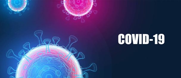 Fondo oscuro con bacterias y la inscripción coronavirus COVID-2019 sobre un bokeh abstracto azul Diseño vectorial de fondo claro . - Vector, Imagen