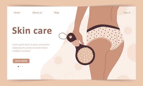 Skin care concept. Landing page template. Anti-cellulite massage with dry cactus brush. Organic treatment for peeling body. Vector illustration in cartoon style - Vector, Image
