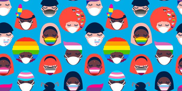nahtloses Muster mit Menschen unterschiedlicher Nationalitäten in medizinischen Gesichtsmasken. LGBTQ Pride Month. Coronavirus-Pandemie. Covid-19 - Vektor, Bild