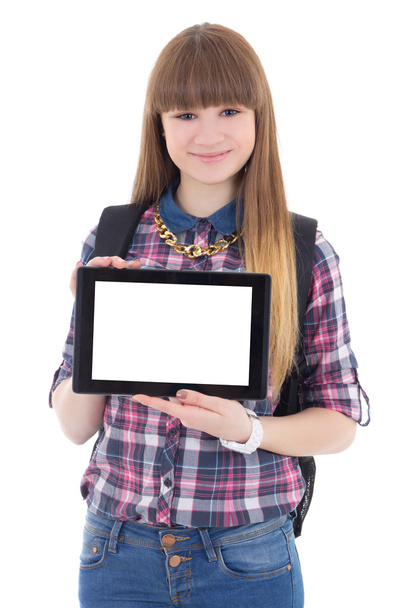 teenage girl holding tablet pc with copyspace isolated on white - Photo, Image