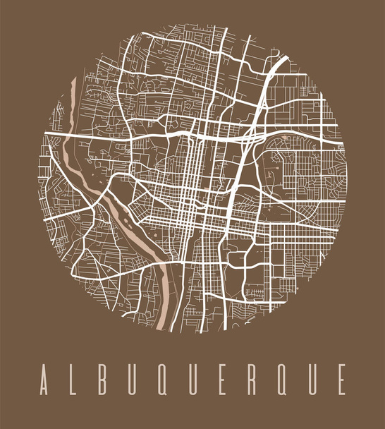 アルバカーキ地図ポスター。アルバカーキ市の装飾デザインストリートマップ。都市景観アリアパノラマシルエット空中ビュー、タイポグラフィスタイル。土地、川、通り。円形ベクトル図. - ベクター画像