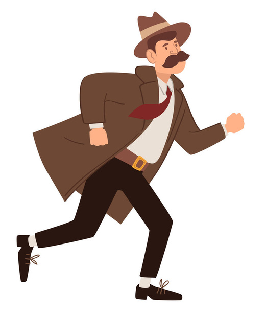Vintage detective from past, running man vector - Вектор, зображення