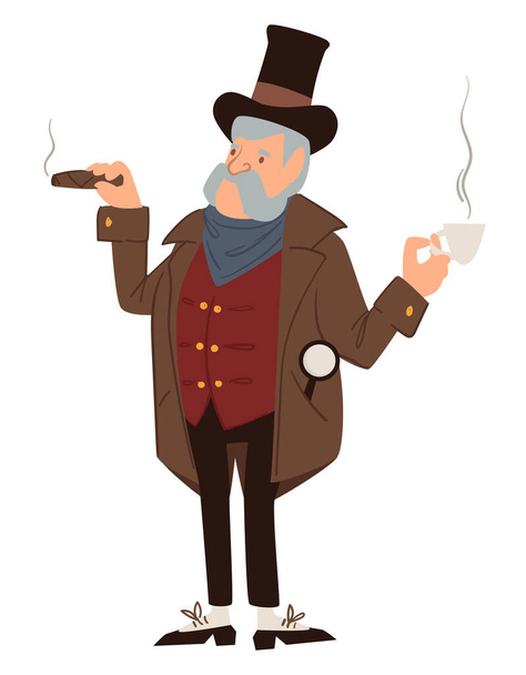 Gentleman smoking cigar and drinking coffee vector - Vector, imagen