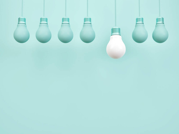 Symbole d'ampoule d'idée créative sur fond bleu pastel simple avec concept de conception d'idée différent, rendu 3D. - Photo, image