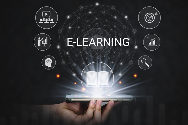 E-Learning online im digitalen Zeitalter Wissensseminar Persönliche Entwicklung und berufliches Wachstum. Konzepte zur Steigerung von Wissen und Selbstentwicklung. - Foto, Bild