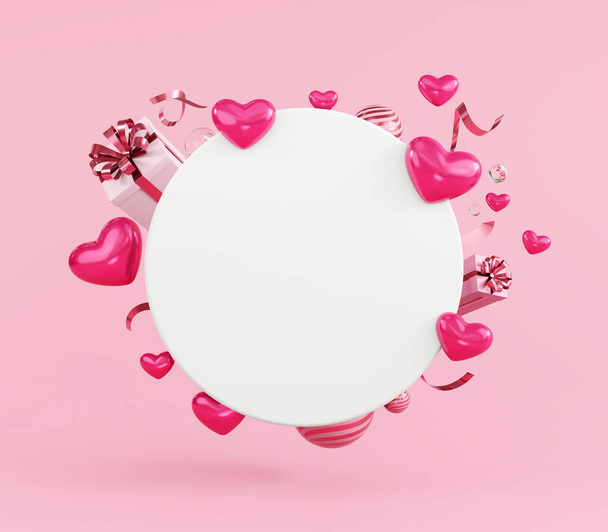 Happy Valentines den koncept karta mockup šablona srdce ve tvaru dekorace a dárkové krabice na růžovém pozadí, srdeční prodej, propagace, 3d vykreslování. - Fotografie, Obrázek