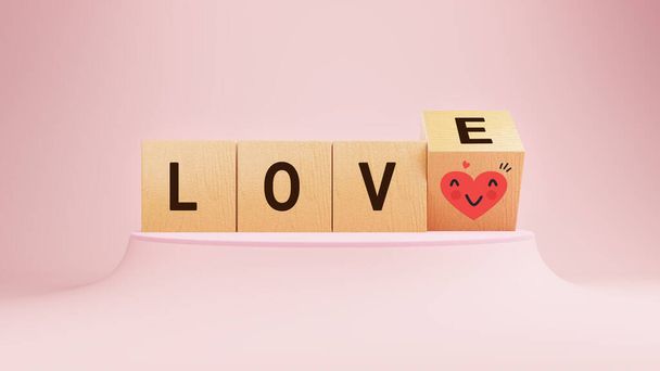 Láska emoji v dřevěných kostkách Valentýna a emoce koncept, Překvapení na minimalistický mockup pódium růžové podstavec pozadí prezentace. 3D vykreslování - Fotografie, Obrázek
