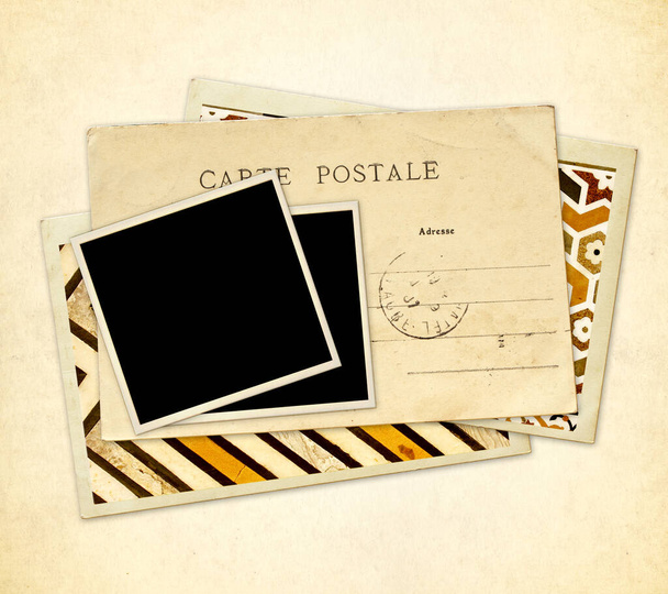 Vintage background with post cards and blank photo. Three retro postcards with decprative ornament. Inscription on the card - carte postale - postcard in french. Copy space for text - Fotoğraf, Görsel