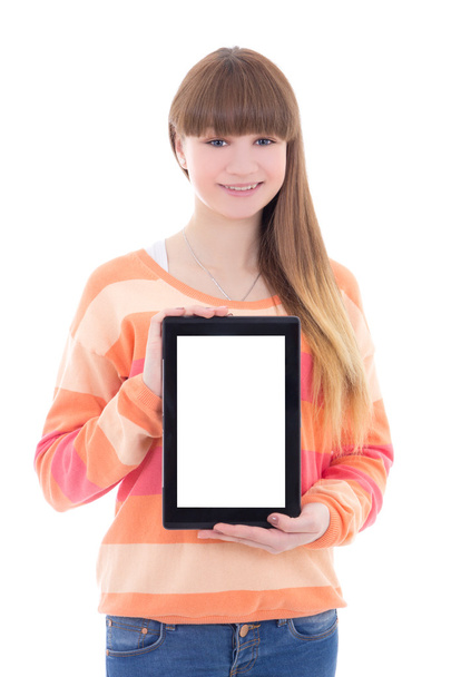 bella ragazza adolescente holding computer tablet con copyspace è - Foto, immagini