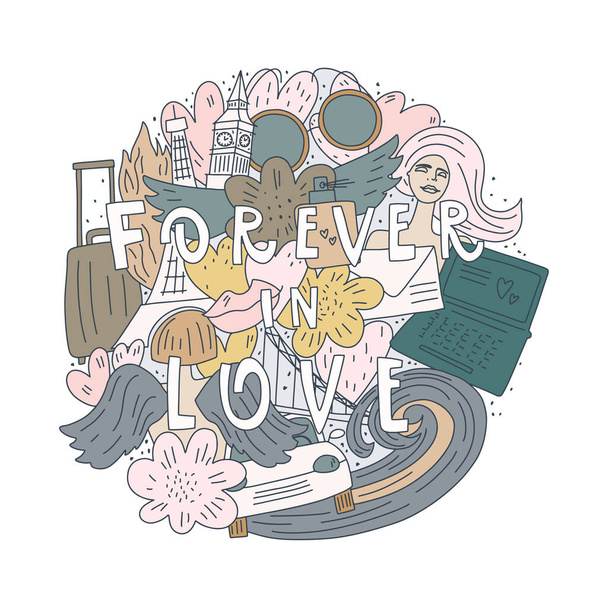 Vector doodle style illustration and quote: forever in love. Objects pattern - Vector, Image
