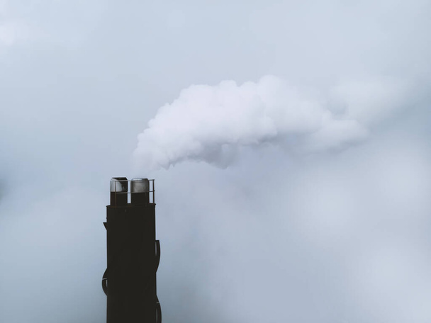 Fumo branco a sair de uma grande pilha de fumo industrial numa fábrica. Imagem de perto. Foto de alta qualidade - Foto, Imagem