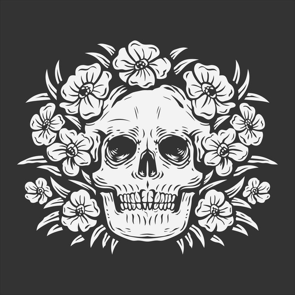 hand drawing skull surrounded by rose flower vector illustration - Vector, Image