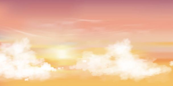 Восход солнца утром с оранжевым, желтым и розовым небом, драматический сумерки пейзаж с закатом вечером, векторная сетка горизонта Небо знамя восхода солнца или солнечного света в течение четырех сезонов фон - Вектор,изображение