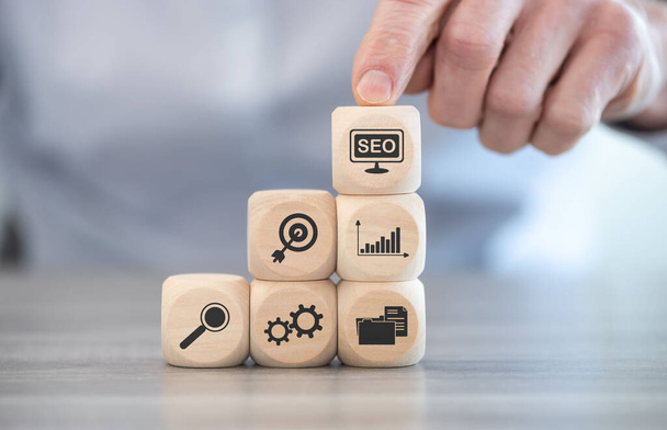 Concept of SEO with icons on wooden cubes - Foto, Imagem