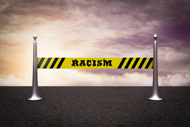 Cinta adhesiva contra el racismo en postes metálicos que demuestran el peligro del racismo y el concepto de riesgo de discriminación. Ilustración 3D - Foto, Imagen