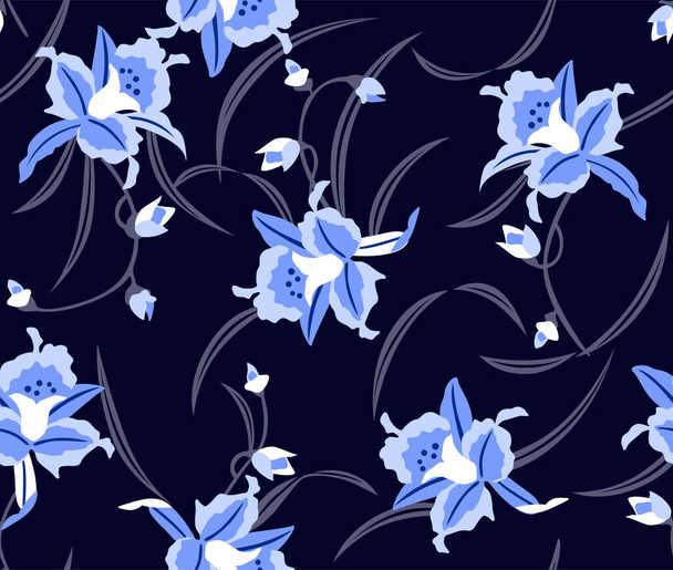 Japanese Night Orchid Blossom Vector Seamless Pattern - Vector, Image