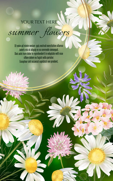 Vector banner with summer flowers for invitation, sales, packaging, natural cosmetics, perfume. Space for text. - Vektör, Görsel