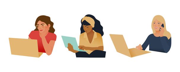 Set di donne freelance felici sul lavoro e tenendo Smartphone. Moderna illustrazione vettoriale piatta. Lavoro a distanza. Modello di social media. - Vettoriali, immagini