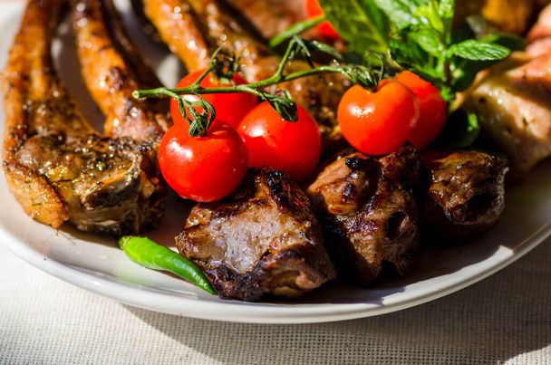 Fresh, homemade grilled beef skewers with vegetables and spices, with barbecue sauce and ketchup, on a white plate close-up - Foto, immagini
