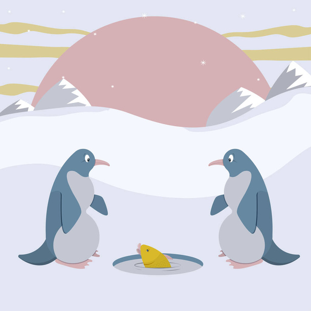 Két pingvin és aranyhal a lyukból. vektor illusztráció. - Vektor, kép