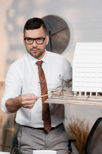 serious architect looking at camera while pointing with pencil at house model - 写真・画像