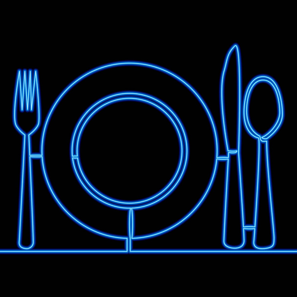Continuous one single line drawing Plate with fork and knife Restaurant icon neon glow vector illustration concept - Vector, Image