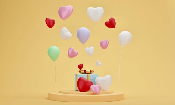 Hediye kutusu, kalp ve balon sarı pastel arka planlı sunum podyumunda. Minimum düğün, doğum günü ya da özel an. 3B görüntüleme - Fotoğraf, Görsel