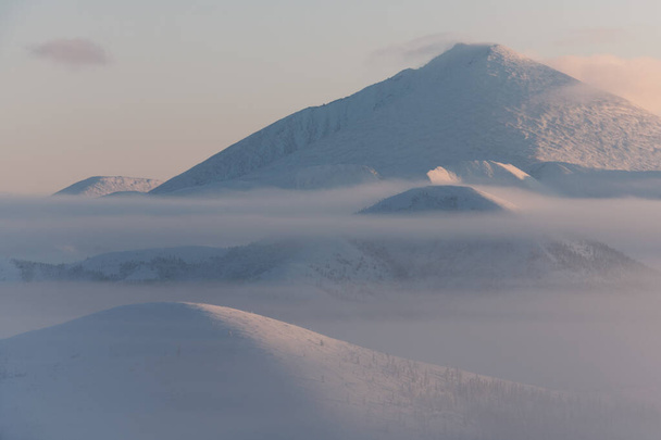 Fog on the Olchansky pass in the Oymyakonsky district. Morning landscape of snow-capped mountains. Foggy landscape of the coldest place on Earth - Oymyakon - Fotoğraf, Görsel