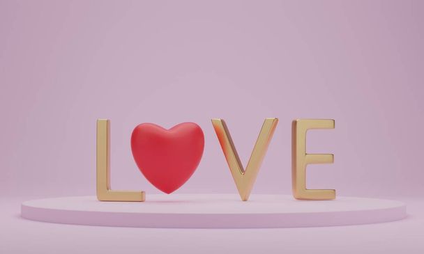 3d απόδοση. Αλφάβητο Έρωτας με καρδιά στο βάθρο παρουσίασης. Σχεδιασμός έννοιας του Αγίου Βαλεντίνου. ροζ φόντο. - Φωτογραφία, εικόνα