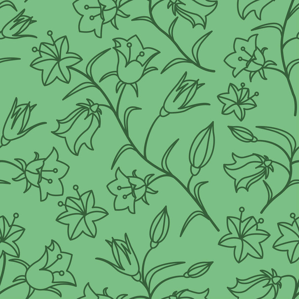 A seamless pattern with the colors of bells. Dark green contour on an angry background. Vector illustration - Vector, Image