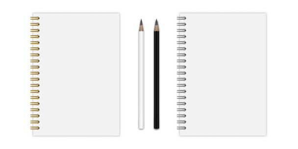Conjunto vetorial de maquete notebook (formato: A5), com espiral de ouro e silwer, lápis. EPS 10 - Vetor, Imagem