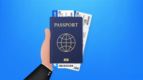 Modello di passaporto vuoto e biglietti aerei. Passaporto internazionale con pagina di dati personali campione. illustrazione delle scorte. - Filmati, video