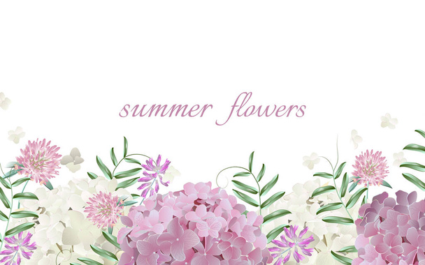 Template for greeting cards, wedding decorations, invitation,sales. Vector horizontal banner with Luxurious summer wild flowers and hydrangea. Spring or summer design. Space for text. - Vector, imagen