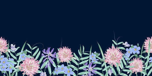 Seamless border with wild flowers. Modern floral pattern for textile, wallpaper, print, gift wrap, greeting or wedding background. - Vetor, Imagem