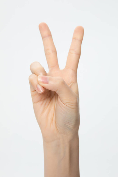 A vertical shot of a hand showing a peace sign isolated on a white background - Zdjęcie, obraz