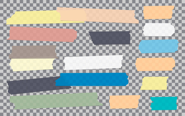 白、青、黒異なるサイズの接着剤、粘着性、マスキング、ダクトテープ、紙片は暗い透明、正方形の背景にあります - ベクター画像