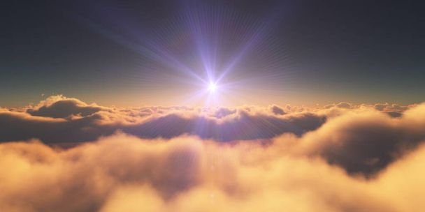 πάνω από τα σύννεφα ανατολή απεικόνιση ακτίνων ήλιου, 3d απόδοση - Φωτογραφία, εικόνα