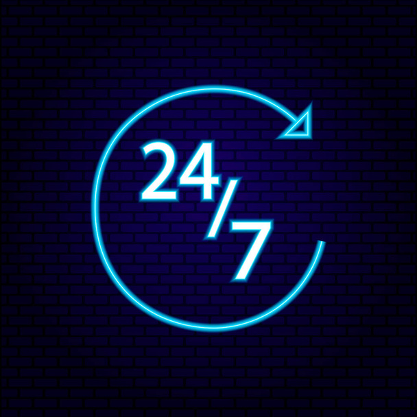 Neon 24 7 Serwis czynny 24 godziny na dobę i 7 dni w tygodniu. Świecący klub nocny, symbol wejścia do kawiarni. Jasnoniebieska lampa oświetlenie elektryczne wektor dekoracji ilustracja  - Wektor, obraz