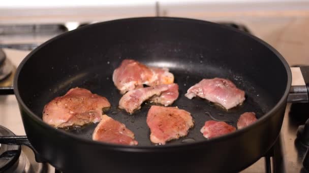 Freír trozos de carne de cerdo en la sartén. - Imágenes, Vídeo