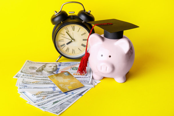 Prasečí banka s maturitní čepicí, kreditní kartou, dolarovými bankovkami a budíkem na barevném pozadí - Fotografie, Obrázek