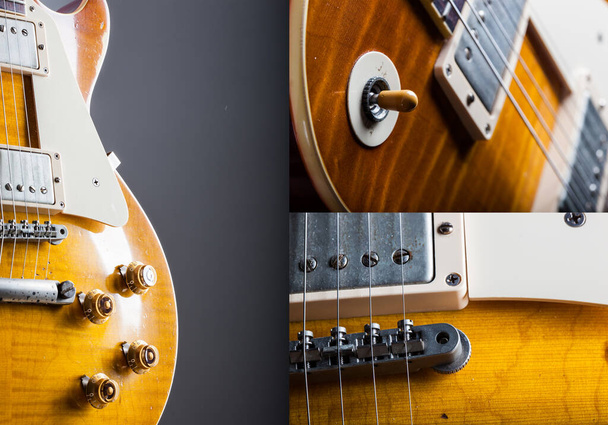 Koláž elektrických kytarových obrázků, retro elektrická kytara zblízka ve studiovém záběru a blesku - Fotografie, Obrázek