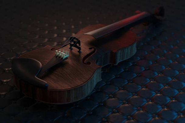 Old violin lying on the leather texture background, music concept - Foto, immagini